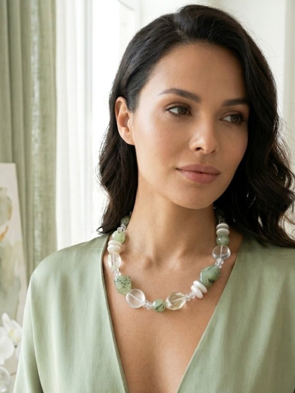 Green Prehnite Rock Crystal Quartz and Coin pearl necklace 🆕